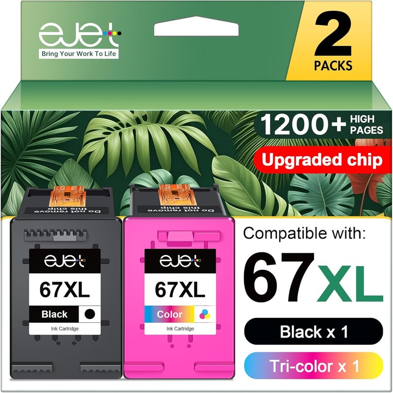 E-Jet 67XL Ink Cartridges Black/Color Combo Pack Compatible for HP Ink 67 67XL Works with HP Deskjet 2700 2700e 2755 2755e 2855e 2800e 2852e 2827e 4100e 4155e 4227e 4255e Envy 6055e 6455e Series (2-Pack) - Image 1